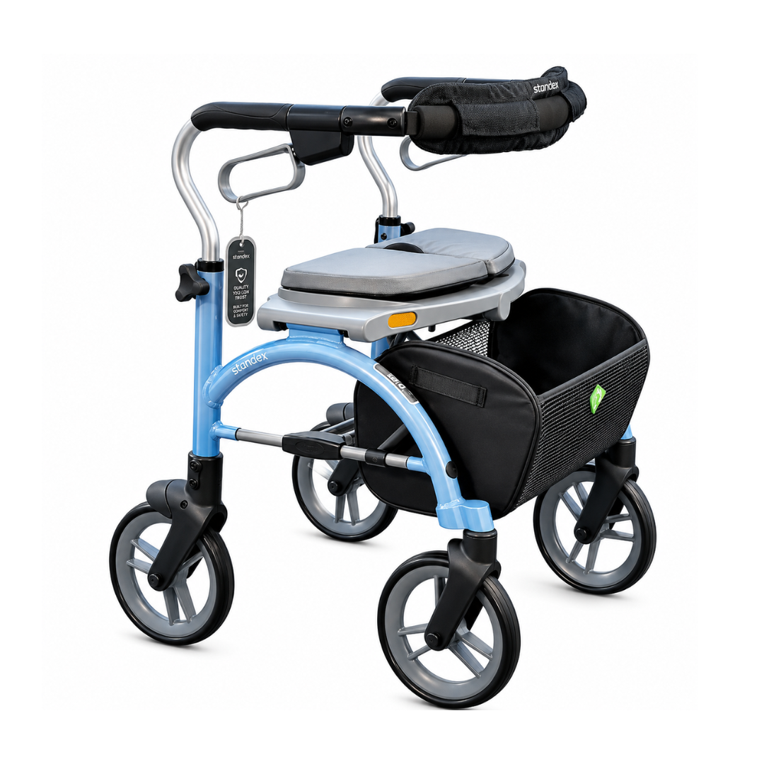 The Evolution Xpresso Lite Carbon Fiber Rollator is an ultra-light blue, lightweight walker with four wheels, a padded seat, curved handlebars, a black storage basket underneath, and a cushioned backrest for comfort.